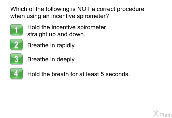 Which of the following is <B>NOT</B> a correct procedure when using an incentive spirometer?  Hold the incentive spirometer straight up and down. Breathe in rapidly. Breathe in deeply. Hold the breath for at least 5 seconds.