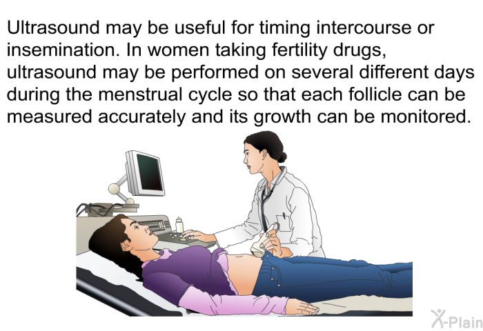 Ultrasound may be useful for timing intercourse or insemination. In women taking fertility drugs, ultrasound may be performed on several different days during the menstrual cycle so that each follicle can be measured accurately and its growth can be monitored.