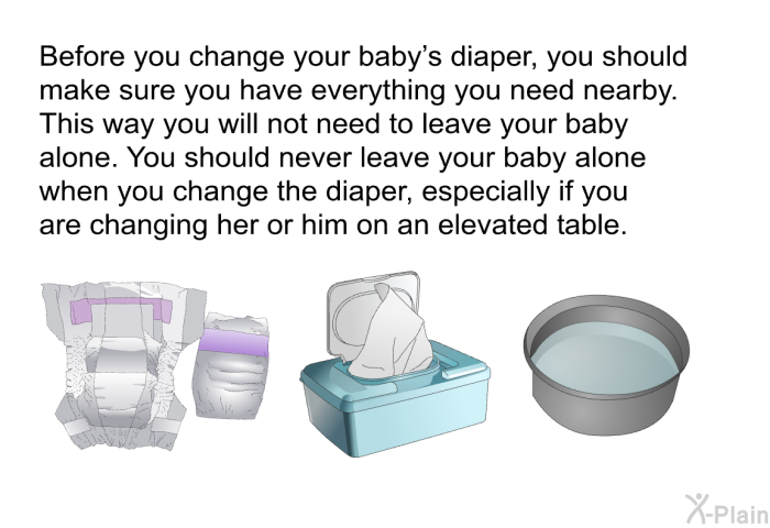 Before you change your baby's diaper, you should make sure you have everything you need nearby. This way you will not need to leave your baby alone. You should never leave your baby alone when you change the diaper, especially if you are changing her or him on an elevated table.