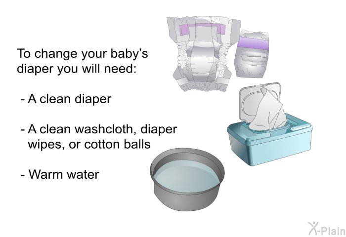 To change your baby's diaper you will need:  A clean diaper A clean washcloth, diaper wipes, or cotton balls Warm water