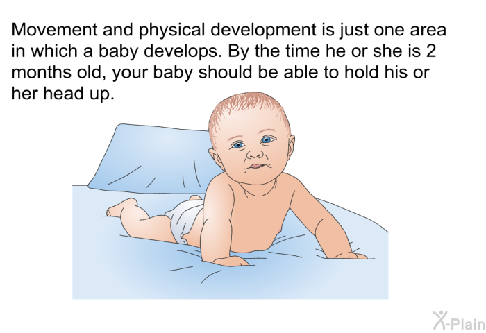 Movement and physical development is just one area in which a baby develops. By the time he or she is 2 months old, your baby should be able to hold his or her head up.