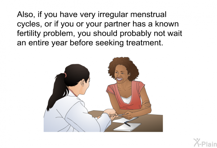 Also, if you have very irregular menstrual cycles, or if you or your partner has a known fertility problem, you should probably not wait an entire year before seeking treatment.