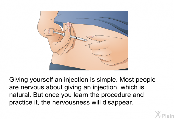 Giving yourself an injection is simple. Most people are nervous about giving an injection, which is natural. But once you learn the procedure and practice it, the nervousness will disappear.