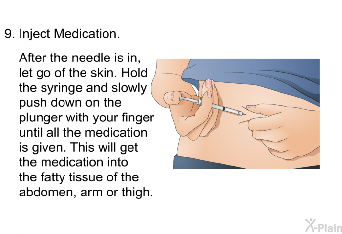Inject Medication.  After the needle is in, let go of the skin. Hold the syringe and slowly push down on the plunger with your finger until all the medication is given. This will get the medication into the fatty tissue of the abdomen, arm or thigh.