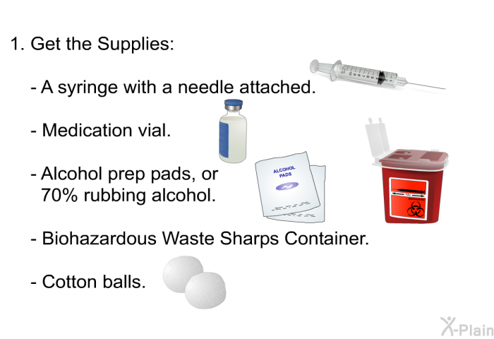 Get the Supplies:   A syringe with a needle attached. Medication vial. Alcohol prep pads, or 70% rubbing alcohol. Biohazardous Waste Sharps Container.Cotton balls.