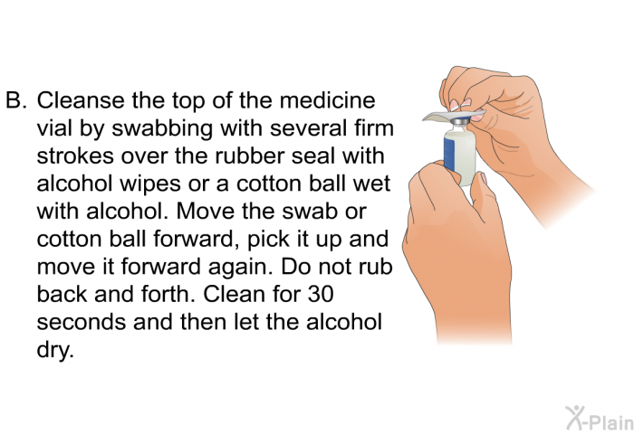 <OL TYPE=A START=2> Cleanse the top of the medicine vial by swabbing with several firm strokes over the rubber seal with alcohol wipes or a cotton ball wet with alcohol. Move the swab or cotton ball forward, pick it up and move it forward again. Do not rub back and forth. Clean for 30 seconds and then let the alcohol dry.
