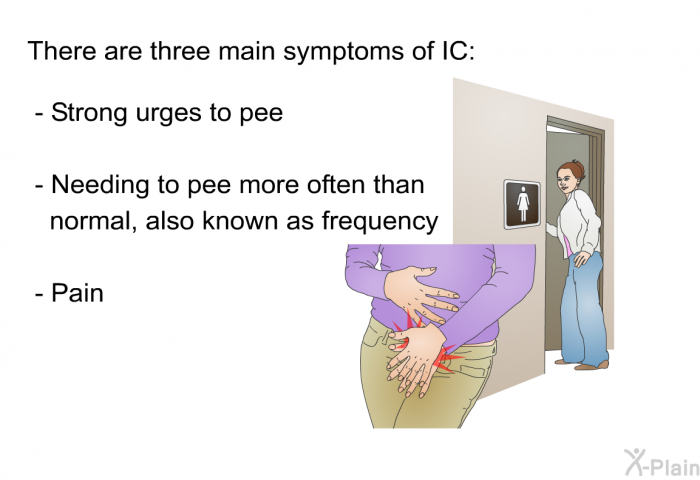 There are three main symptoms of IC:  Strong urges to pee Needing to pee more often than normal, also known as frequency Pain