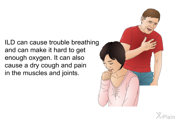 ILD can cause trouble breathing and can make it hard to get enough oxygen. It can also cause a dry cough and pain in the muscles and joints.
