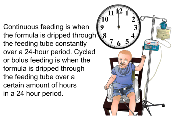 Continuous feeding is when the formula is dripped through the feeding tube constantly over a 24-hour period. Cycled or bolus feeding is when the formula is dripped through the feeding tube over a certain amount of hours in a 24 hour period.