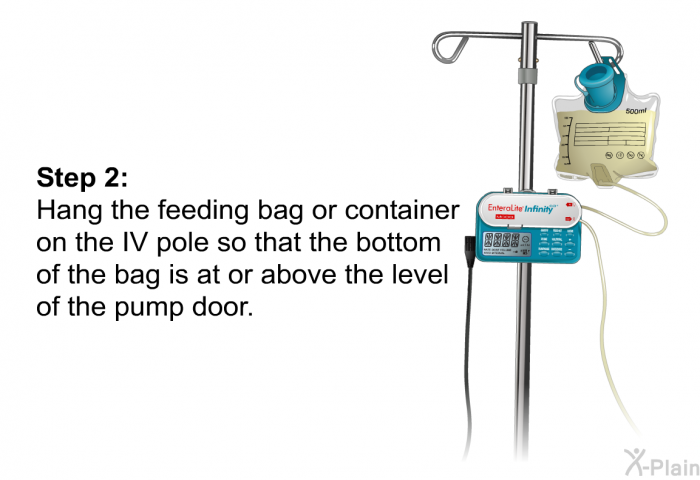 <B>Step 2:</B> 
 Hang the feeding bag or container on the IV pole so that the bottom of the bag is at or above the level of the pump door.
