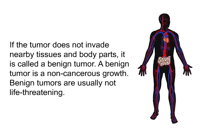 If the tumor does not invade nearby tissues and body parts, it is called a benign tumor. A benign tumor is a non-cancerous growth. Benign tumors are usually not life-threatening.