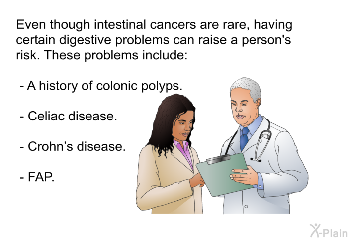 Even though intestinal cancers are rare, having certain digestive problems can raise a person's risk. These problems include:  A history of colonic polyps. Celiac disease. Crohn's disease. FAP.