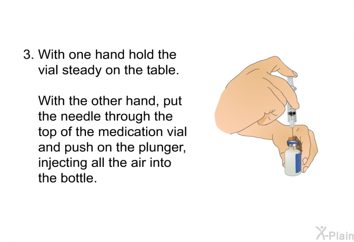 With one hand hold the vial steady on the table. With the other hand, put the needle through the top of the medication vial and push on the plunger, injecting all the air into the bottle.