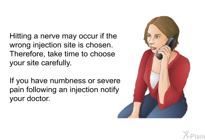 Hitting a nerve may occur if the wrong injection site is chosen. Therefore, take time to choose your site carefully. If you have numbness or severe pain following an injection notify your doctor.
