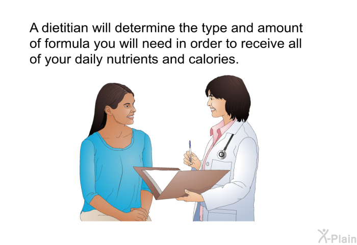 A dietitian will determine the type and amount of formula you will need in order to receive all of your daily nutrients and calories.