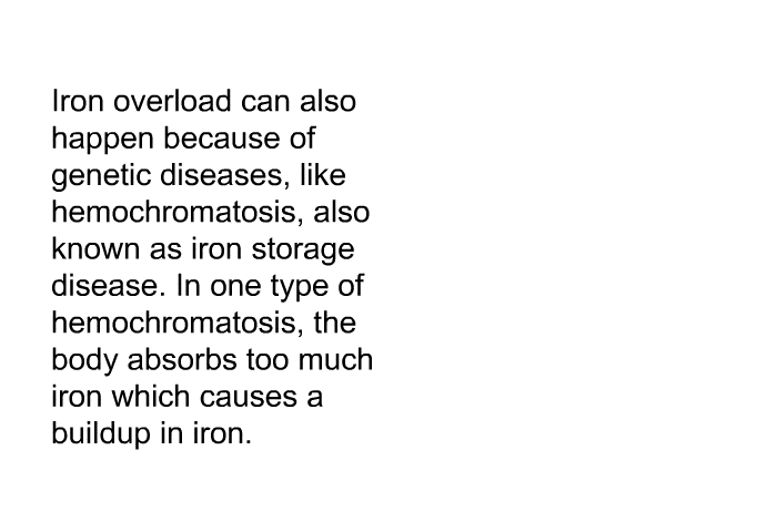 Iron overload can also happen because of genetic diseases, like hemochromatosis, also known as iron storage disease. In one type of hemochromatosis, the body absorbs too much iron which causes a buildup in iron.