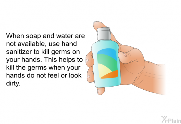 When soap and water are not available, use hand sanitizer to kill germs on your hands. This helps to kill the germs when your hands do not feel or look dirty.