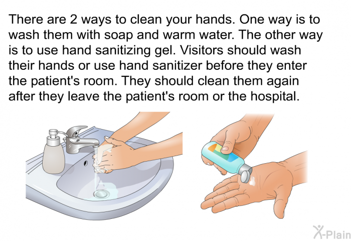 There are 2 ways to clean your hands. One way is to wash them with soap and warm water. The other way is to use hand sanitizing gel. Visitors should wash their hands or use hand sanitizer before they enter the patient's room. They should clean them again after they leave the patient's room or the hospital.