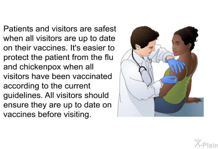Patients and visitors are safest when all visitors are up to date on their vaccines. It's easier to protect the patient from the flu and chickenpox when all visitors have been vaccinated according to the current guidelines. All visitors should ensure they are up to date on vaccines before visiting.