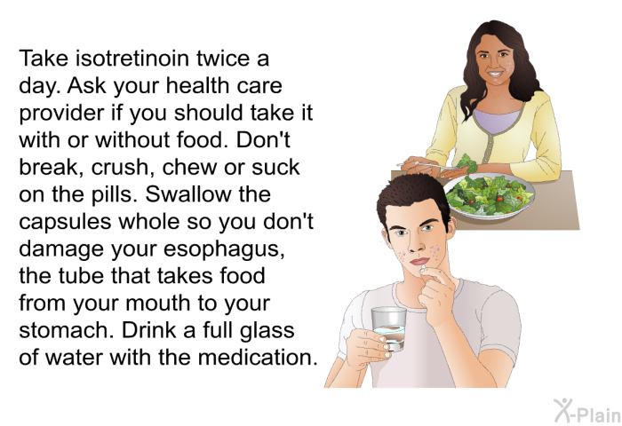 Take isotretinoin twice a day. Ask your health care provider if you should take it with or without food. Don't break, crush, chew or suck on the pills. Swallow the capsules whole so you don't damage your esophagus, the tube that takes food from your mouth to your stomach. Drink a full glass of water with the medication.