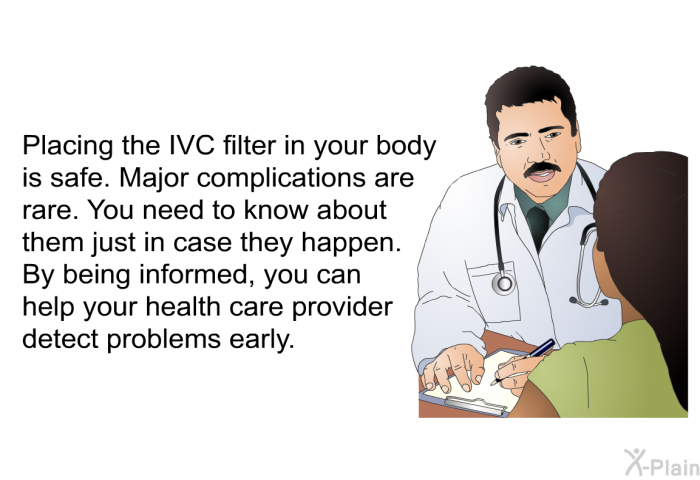 Placing the IVC filter in your body is safe. Major complications are rare. You need to know about them just in case they happen. By being informed, you can help your health care provider detect problems early.
