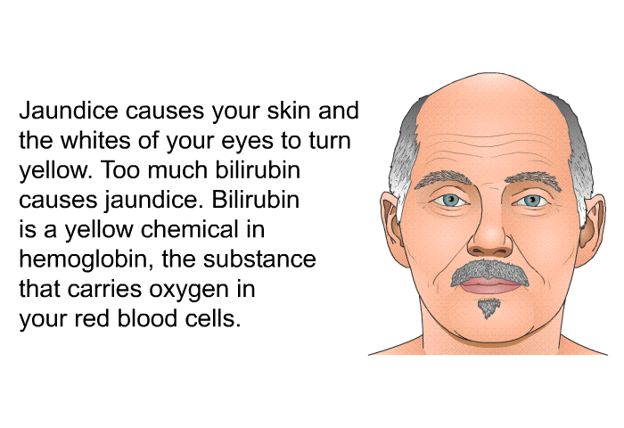 Jaundice causes your skin and the whites of your eyes to turn yellow. Too much bilirubin causes jaundice. Bilirubin is a yellow chemical in hemoglobin, the substance that carries oxygen in your red blood cells.