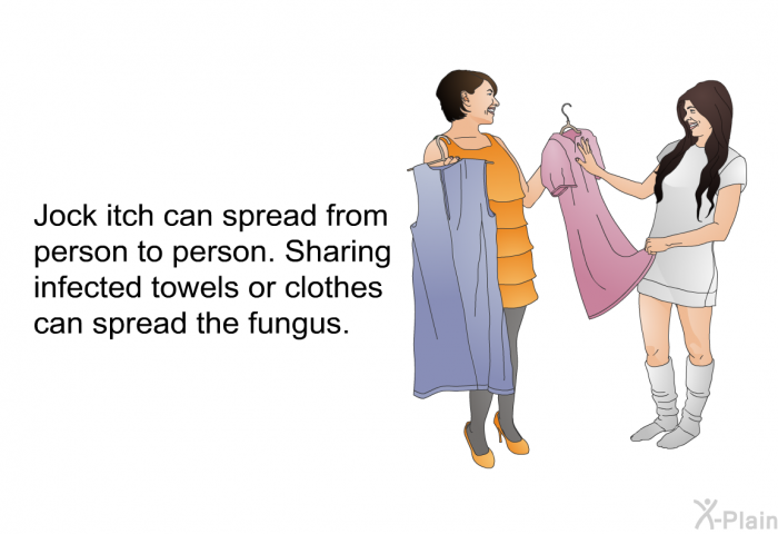 Jock itch can spread from person to person. Sharing infected towels or clothes can spread the fungus.