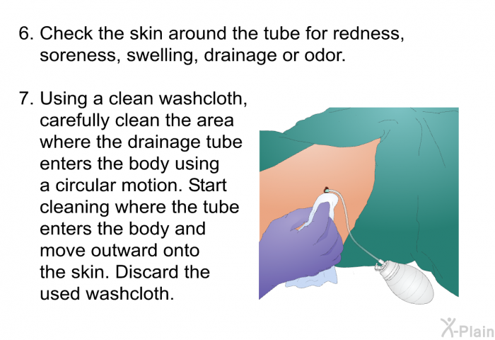 Check the skin around the tube for redness, soreness, swelling, drainage or odor. Using a clean washcloth, carefully clean the area where the drainage tube enters the body using a circular motion. Start cleaning where the tube enters the body and move outward onto the skin. Discard the used washcloth.