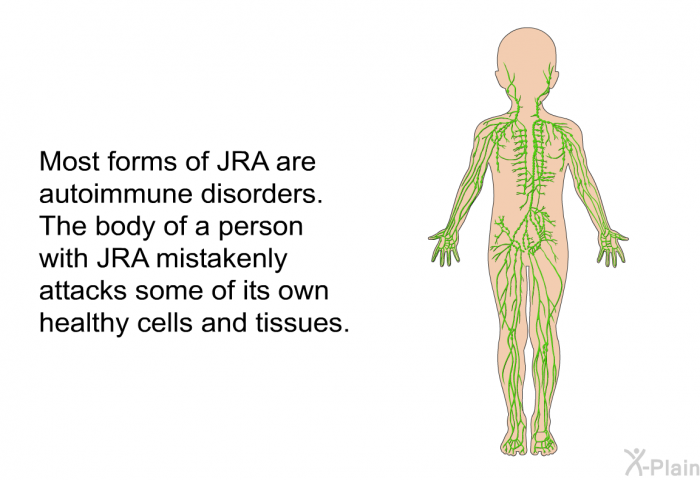 Most forms of JRA are autoimmune disorders. The body of a person with JRA mistakenly attacks some of its own healthy cells and tissues.