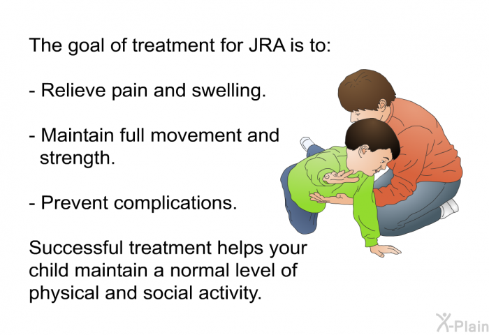 The goal of treatment for JRA is to:  Relieve pain and swelling. Maintain full movement and strength. Prevent complications.  
 Successful treatment helps your child maintain a normal level of physical and social activity.