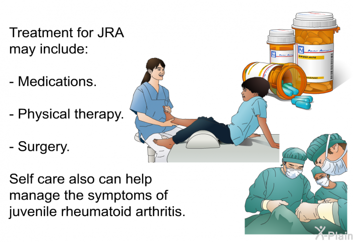 Treatment for JRA may include:  Medications. Physical therapy. Surgery.  
 Self care also can help manage the symptoms of juvenile rheumatoid arthritis.