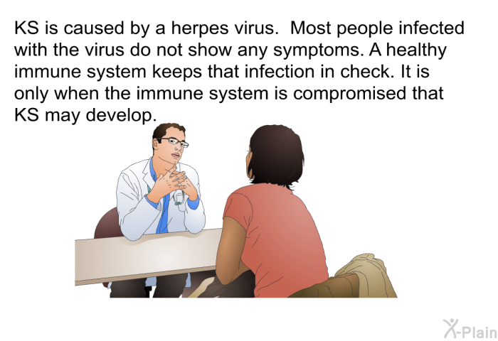 KS is caused by a herpes virus. Most people infected with the virus do not show any symptoms. A healthy immune system keeps that infection in check. It is only when the immune system is compromised that KS may develop.