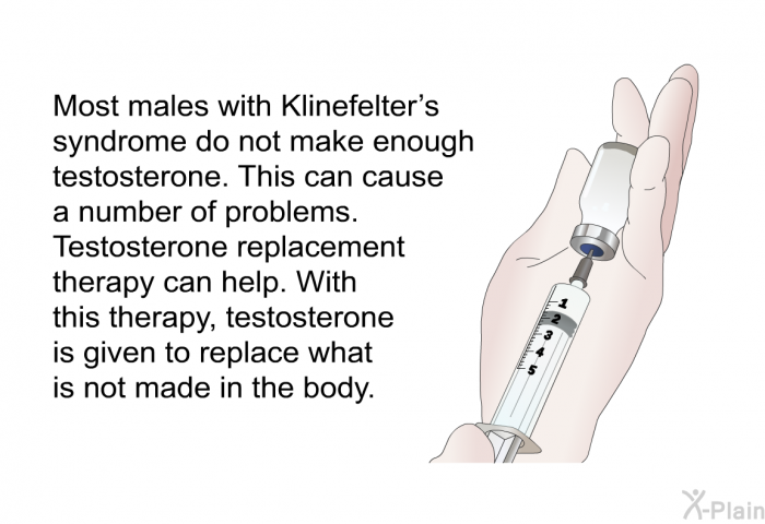 Most males with Klinefelter's syndrome do not make enough testosterone. This can cause a number of problems. Testosterone replacement therapy can help. With this therapy, testosterone is given to replace what is not made in the body.