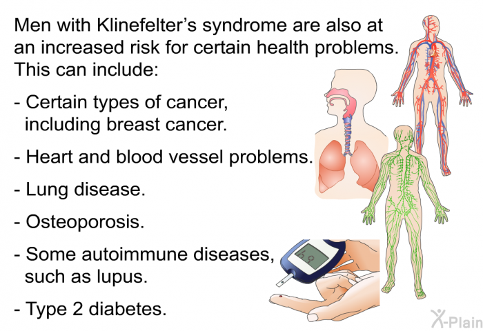 Men with Klinefelter's syndrome are also at an increased risk for certain health problems. This can include:  Certain types of cancer, including breast cancer. Heart and blood vessel problems. Lung disease. Osteoporosis. Some autoimmune diseases, such as lupus. Type 2 diabetes.