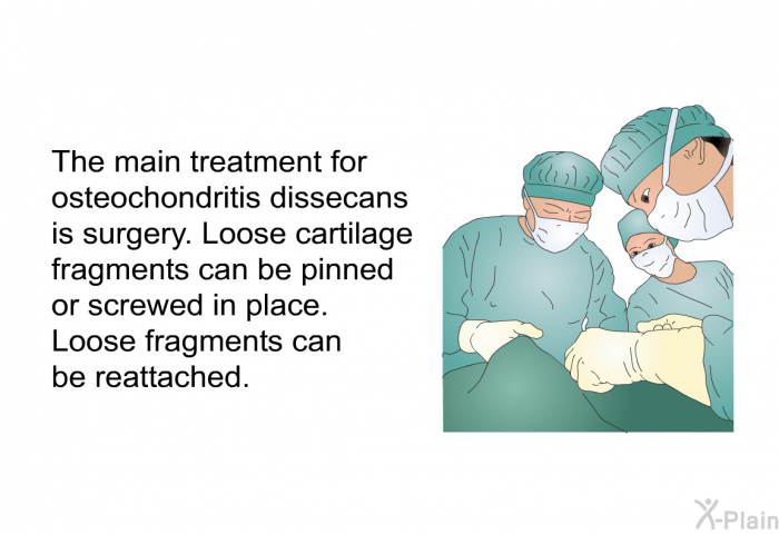 The main treatment for osteochondritis dissecans is surgery. Loose cartilage fragments can be pinned or screwed in place. Loose fragments can be reattached.