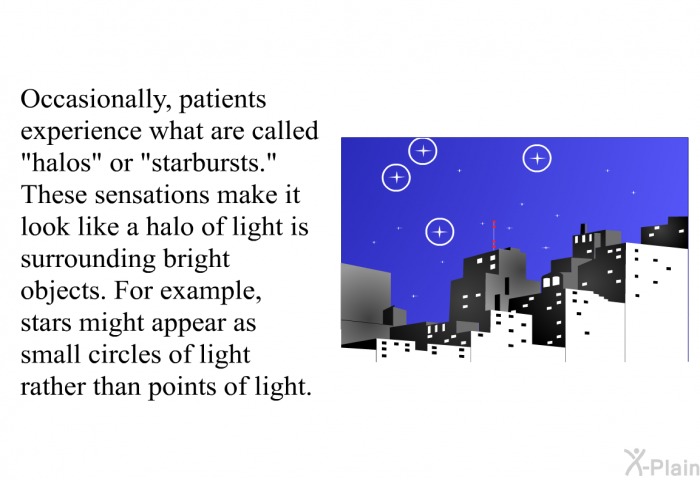 Occasionally, patients experience what are called “halos” or “starbursts.” These sensations make it look like a halo of light is surrounding bright objects. For example, stars might appear as small circles of light rather than points of light.