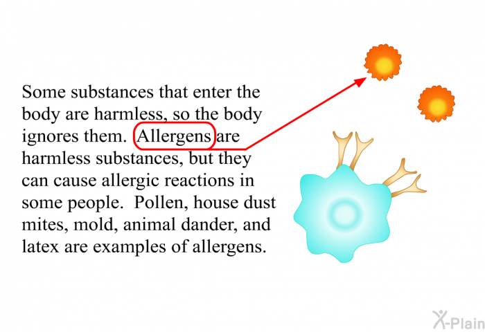 Some substances that enter the body are harmless, so the body ignores them. Allergens are harmless substances, but they can cause allergic reactions in some people. Pollen, house dust mites, mold, animal dander, and latex are examples of allergens.