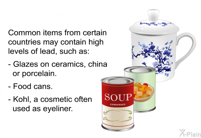 Common items from certain countries may contain high levels of lead, such as:  Glazes on ceramics, china or porcelain. Food cans.   Kohl, a cosmetic often used as eyeliner.