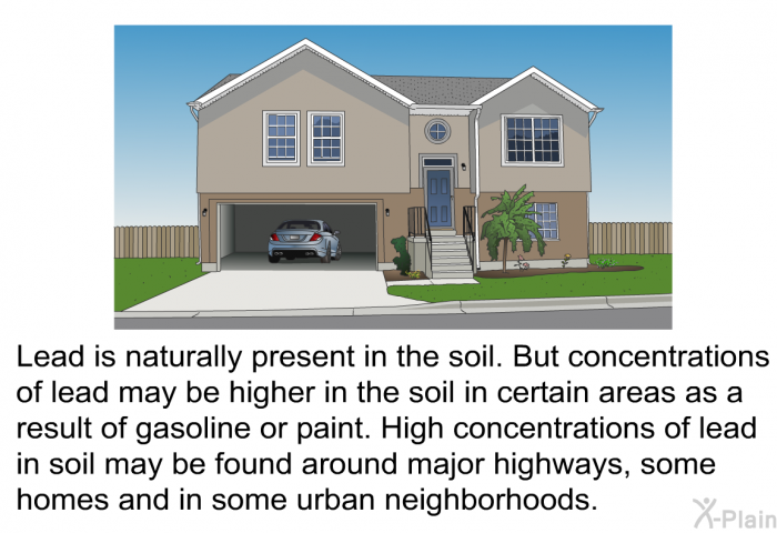 Lead is naturally present in the soil. But concentrations of lead may be higher in the soil in certain areas as a result of gasoline or paint. High concentrations of lead in soil may be found around major highways, some homes and in some urban neighborhoods.