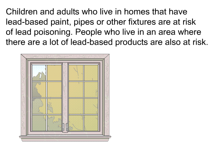 Children and adults who live in homes that have lead-based paint, pipes or other fixtures are at risk of lead poisoning. People who live in an area where there are a lot of lead-based products are also at risk.
