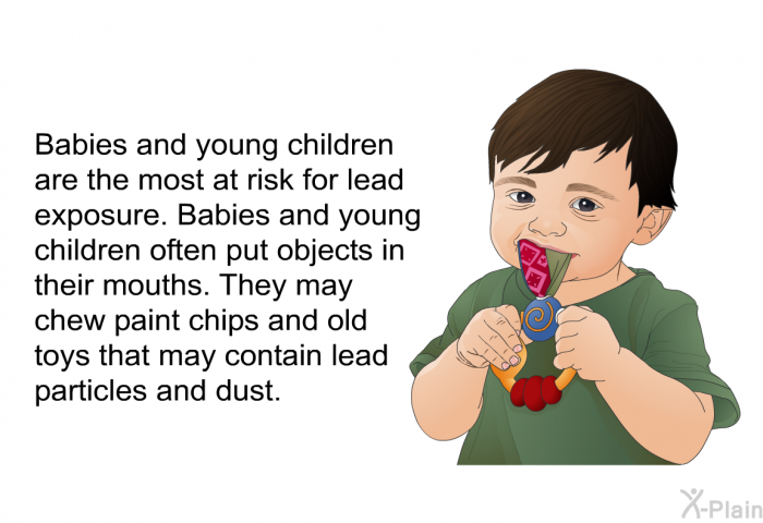 Babies and young children are the most at risk for lead exposure. Babies and young children often put objects in their mouths. They may chew paint chips and old toys that may contain lead particles and dust.