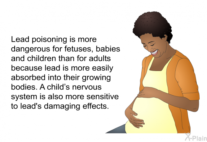 Lead poisoning is more dangerous for fetuses, babies and children than for adults because lead is more easily absorbed into their growing bodies. A child's nervous system is also more sensitive to lead's damaging effects.