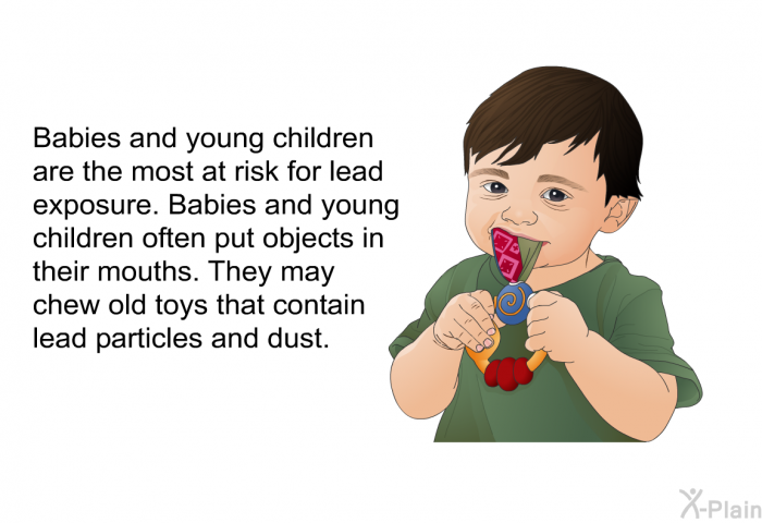 Babies and young children are the most at risk for lead exposure. Babies and young children often put objects in their mouths. They may chew old toys that contain lead particles and dust.