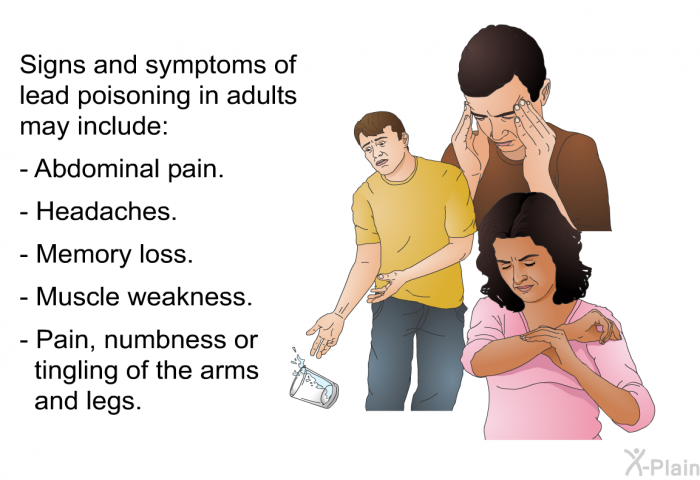 Signs and symptoms of lead poisoning in adults may include:  Abdominal pain. Headaches. Memory loss. Muscle weakness. Pain, numbness or tingling of the arms and legs.