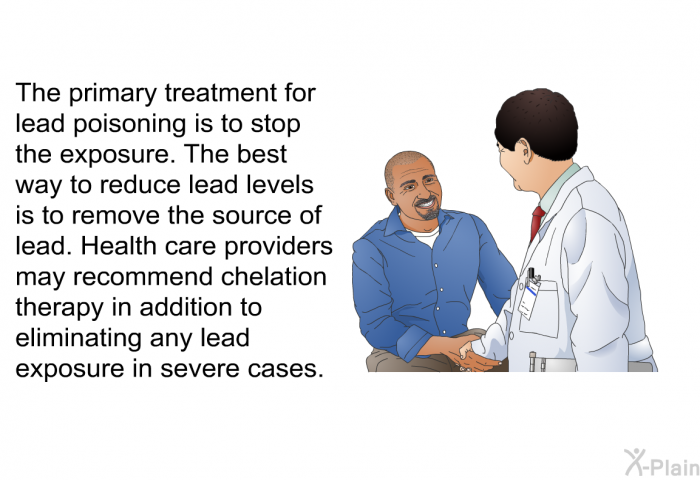 The primary treatment for lead poisoning is to stop the exposure. The best way to reduce lead levels is to remove the source of lead. Health care providers may recommend chelation therapy in addition to eliminating any lead exposure in severe cases.