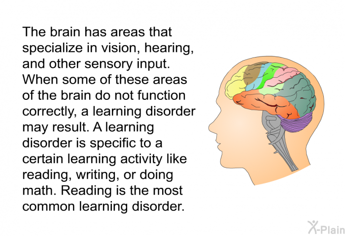 The brain has areas that specialize in vision, hearing, and other sensory input. When some of these areas of the brain do not function correctly, a learning disorder may result. A learning disorder is specific to a certain learning activity like reading, writing, or doing math. Reading is the most common learning disorder.