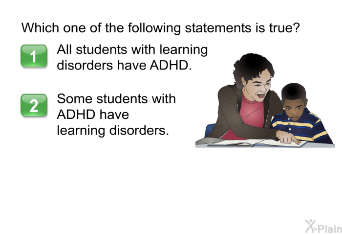 Which one of the following statements is true?  All students with learning disorders have ADHD. Some students with ADHD have learning disorders.