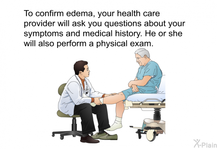 To confirm edema, your health care provider will ask you questions about your symptoms and medical history. He or she will also perform a physical exam.