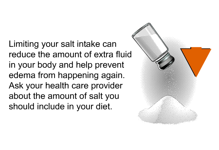 Limiting your salt intake can reduce the amount of extra fluid in your body and help prevent edema from happening again. Ask your health care provider about the amount of salt you should include in your diet.