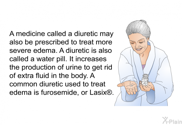 A medicine called a diuretic may also be prescribed to treat more severe edema. A diuretic is also called a water pill. It increases the production of urine to get rid of extra fluid in the body. A common diuretic used to treat edema is furosemide, or Lasix .